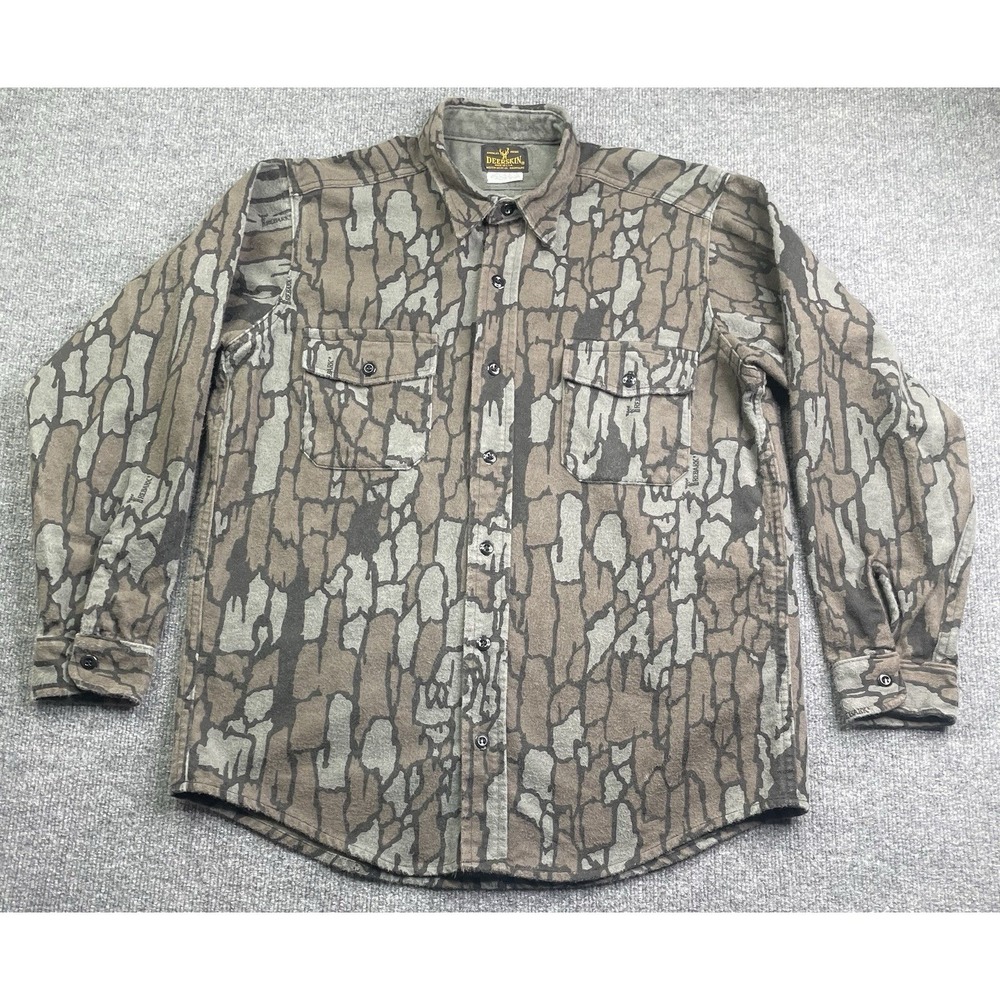 Deerskin Flannel Shirt Mens Large Brown Trebark Camo Hunting Button Up USA Made